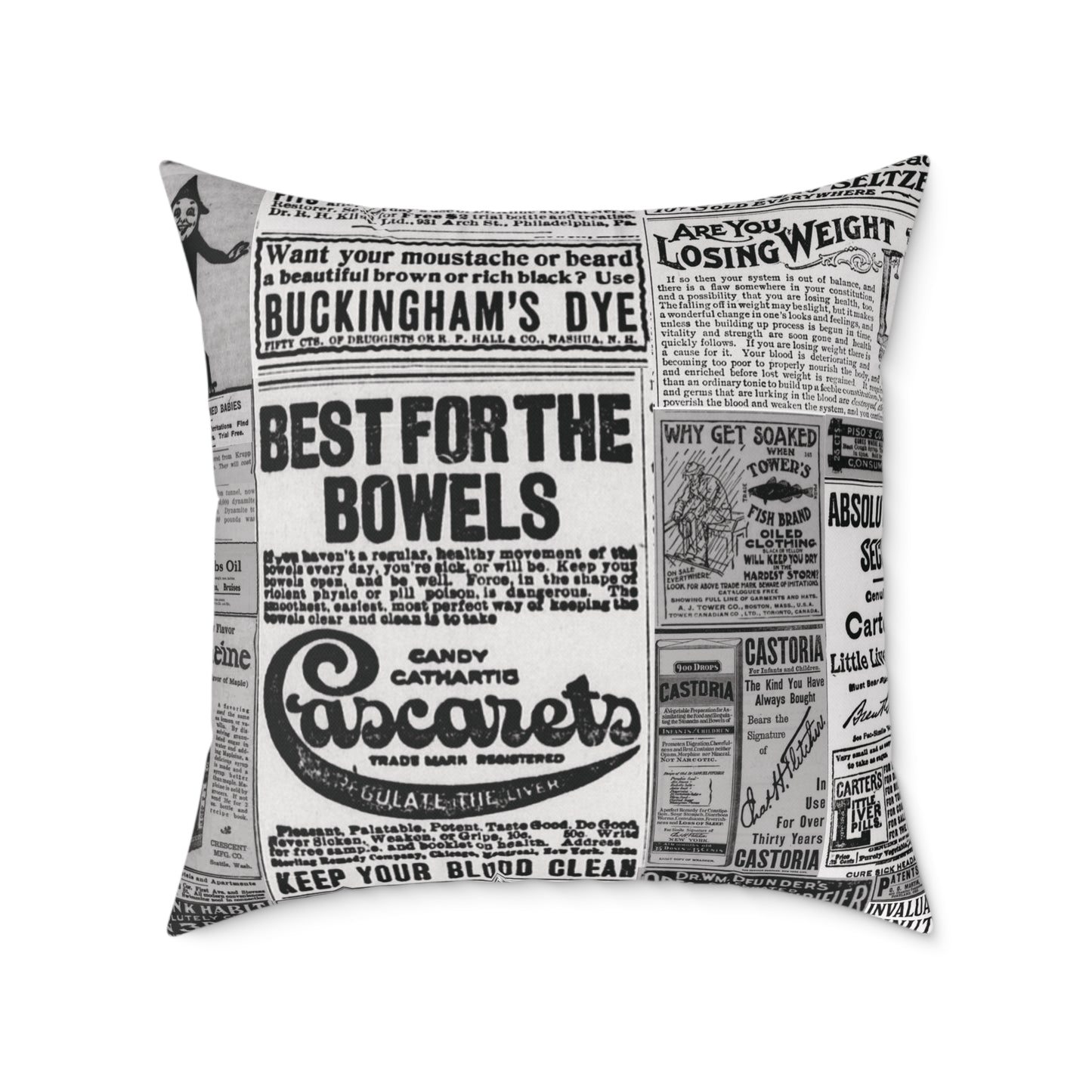 Occult Americana – 1800s Vintage Newspaper Ads Collage Art - Canvas Throw Pillow Version 2