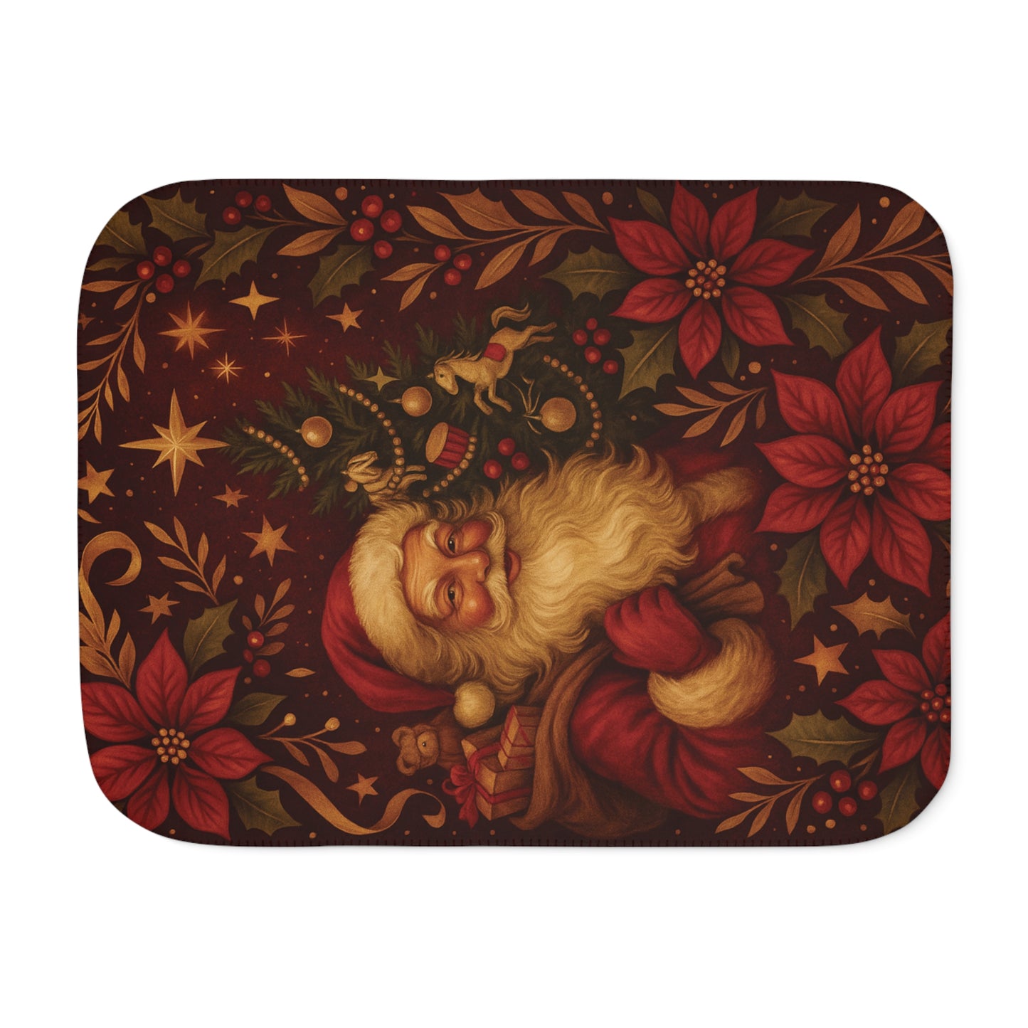 Christmas Santa Sherpa Blanket – Vintage Poinsettia & Toys Holiday Throw