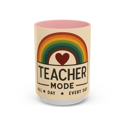 Teacher Mode – Color Accent Mug (11oz/15oz) • Rainbow Heart • Teacher Gift • Dishwasher & Microwave Safe