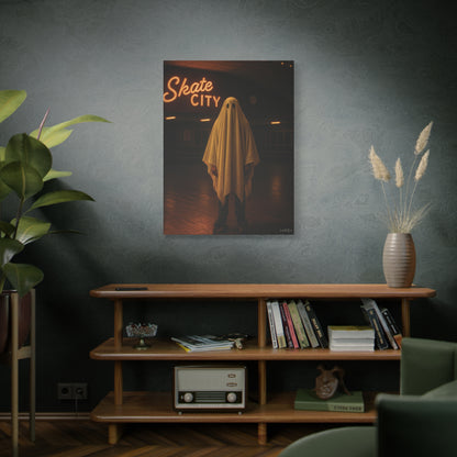 Ghost at the Roller Rink Canvas Wall Art – Retro 80s Nostalgic Halloween Decor