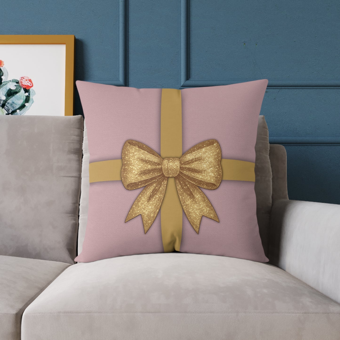 Blush Pink & Gold Gift Box Throw Pillow – Holiday Icon Pattern Canvas Cushion