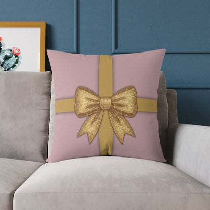 Blush Pink & Gold Gift Box Throw Pillow – Holiday Icon Pattern Canvas Cushion