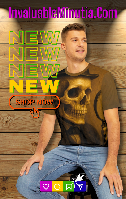 Skeleton Sleuth gothic AOP unisex T-shirt with vintage detective skull graphic. Dark alternative boutique Halloween fashion for unique gothic style lovers.