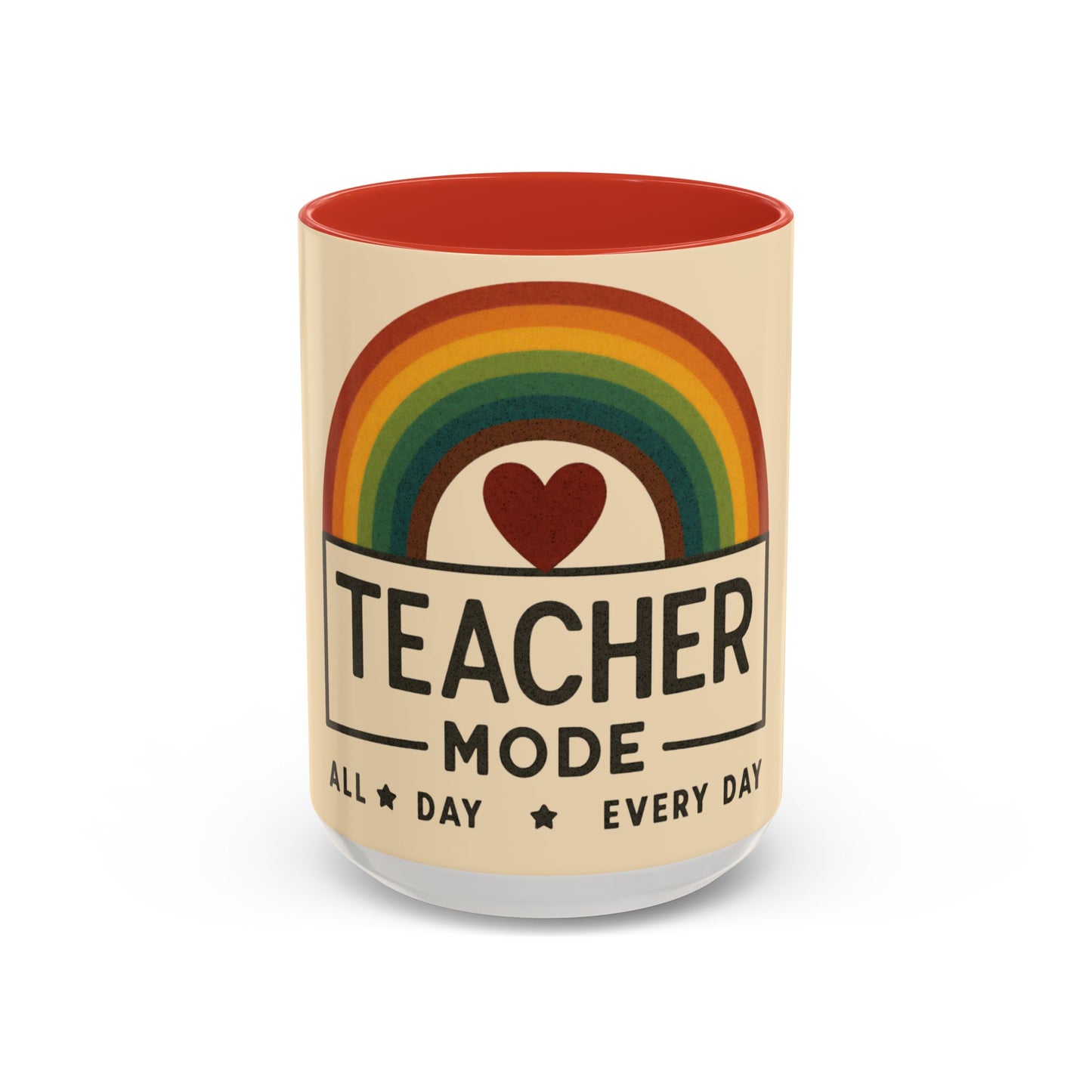 Teacher Mode – Color Accent Mug (11oz/15oz) • Rainbow Heart • Teacher Gift • Dishwasher & Microwave Safe