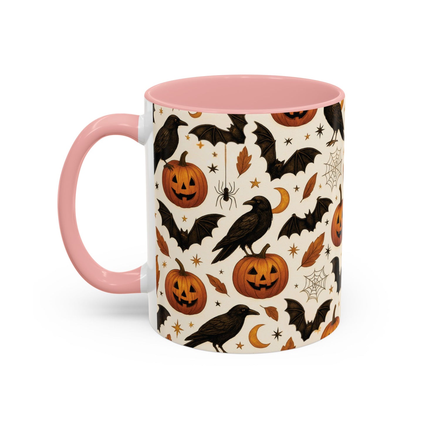 Halloween Raven & Pumpkin Color Accent Mug – Gothic Crow, Bats & Jack-o’-Lantern Coffee Cup (11oz & 15oz) – Spooky Autumn Drinkware
