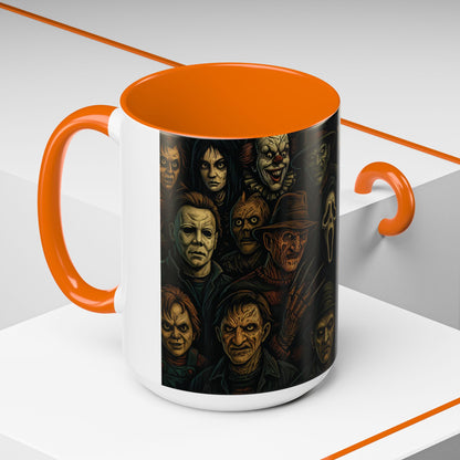 Horror Villain Collage Mug – 15oz & 11oz Ceramic Coffee Mug – Slasher Icons Halloween Gift – Goth Horrorcore Kitchen Decor