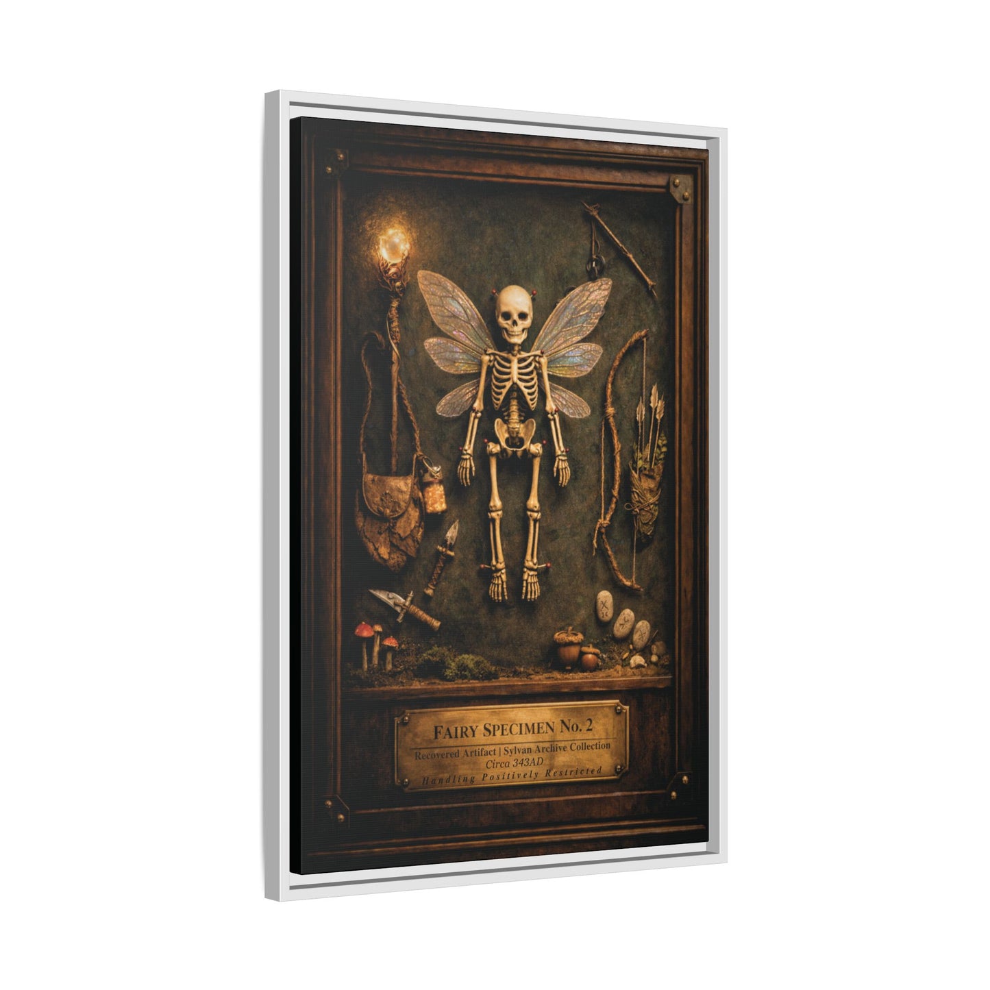 Fairy Specimen No. 2 Framed Canvas Print – Skeletal Fairy Wall Art, Dark Curiosity Cabinet Decor