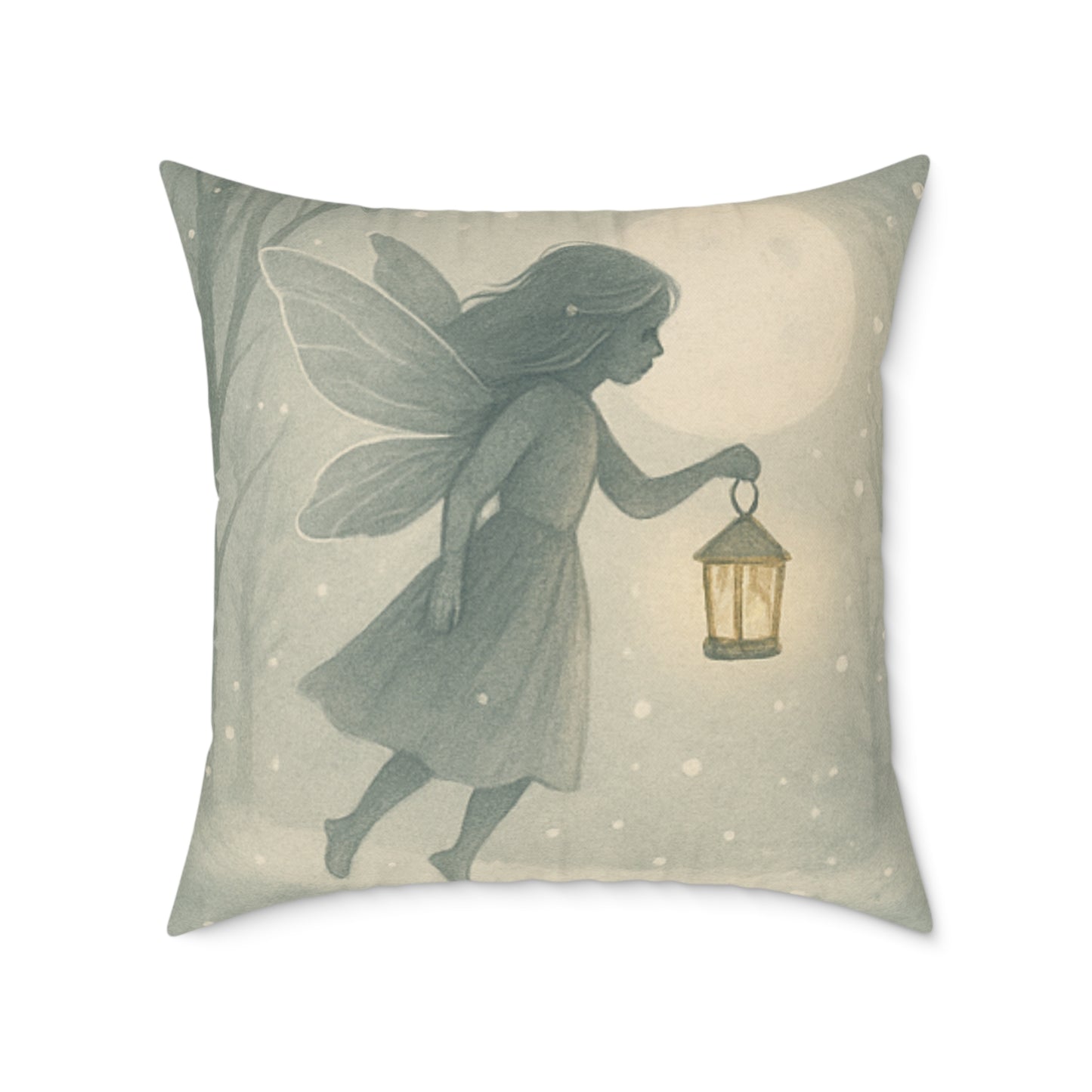Cozy Winter Fairy Throw Pillow – Tea on a Toadstool & Lantern Fairy Canvas Cushion
