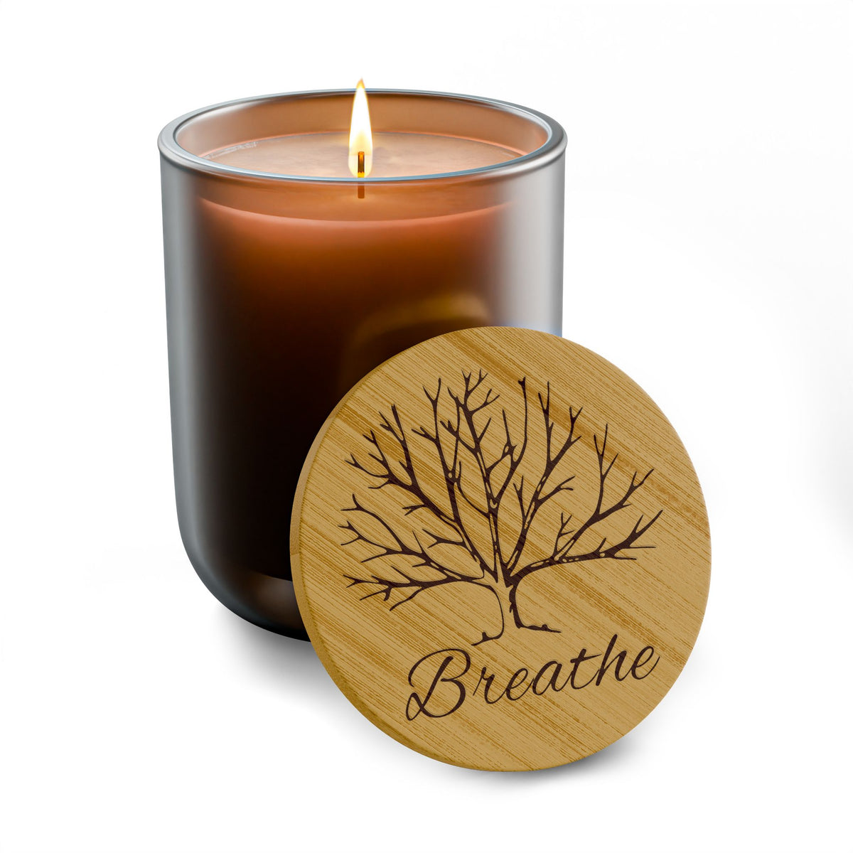 Breathe - Engraved Bamboo Lid Scented Soy Candle Frosted Glass Jar (14 oz)