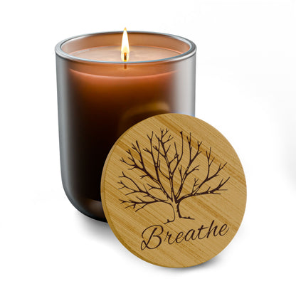 Breathe - Engraved Bamboo Lid Scented Soy Candle Frosted Glass Jar (14 oz)