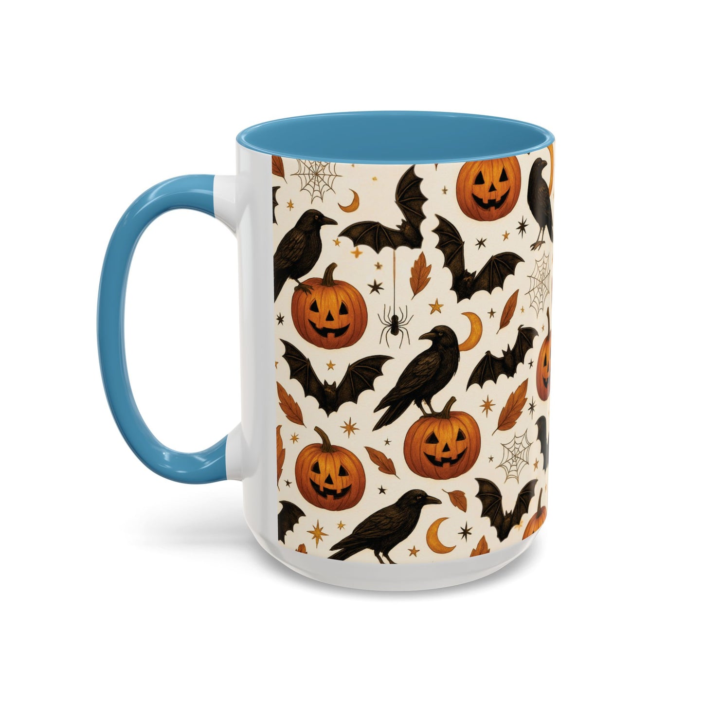 Halloween Raven & Pumpkin Color Accent Mug – Gothic Crow, Bats & Jack-o’-Lantern Coffee Cup (11oz & 15oz) – Spooky Autumn Drinkware
