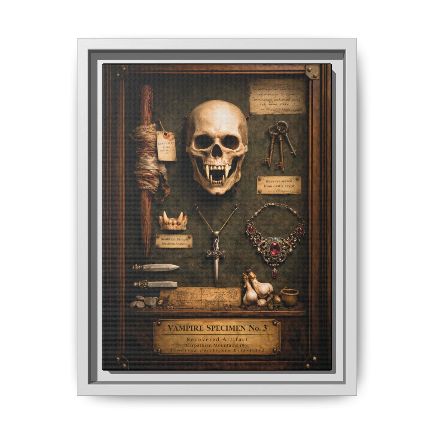 Framed Canvas Art – Vampire Specimen No. 3 | Gothic Vampire Wall Decor | Dark Academia Curiosity Cabinet Art