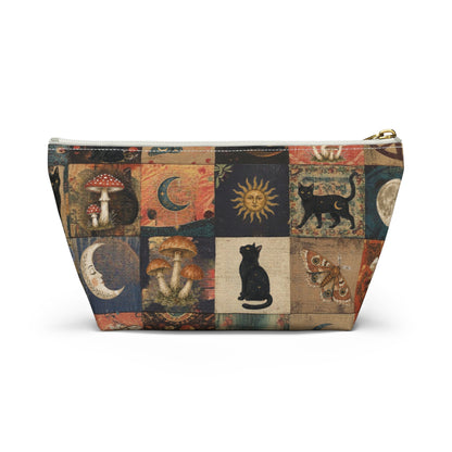 Witchy Patchwork Accessory Pouch – Black Cat Moon Mushroom Cosmetic Bag