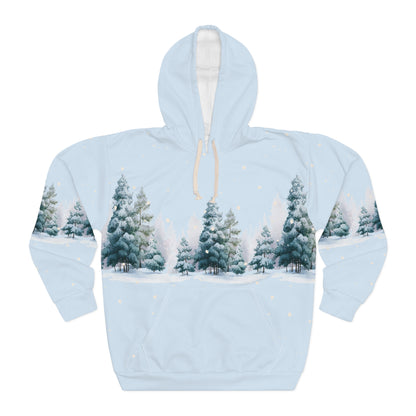 Winter Pines AOP Hoodie – Snowy Christmas Tree Unisex Holiday Pullover