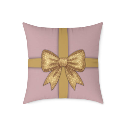 Blush Pink & Gold Gift Box Throw Pillow – Holiday Icon Pattern Canvas Cushion