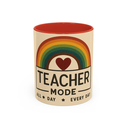Teacher Mode – Color Accent Mug (11oz/15oz) • Rainbow Heart • Teacher Gift • Dishwasher & Microwave Safe