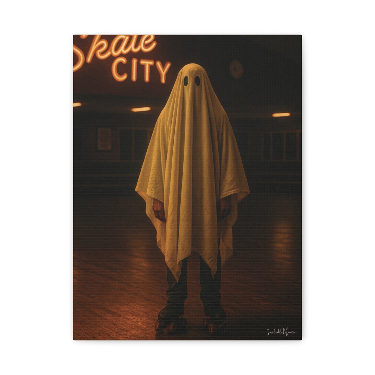 Ghost at the Roller Rink Canvas Wall Art – Retro 80s Nostalgic Halloween Decor
