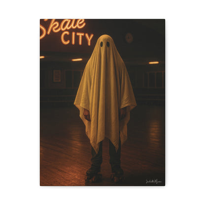 Ghost at the Roller Rink Canvas Wall Art – Retro 80s Nostalgic Halloween Decor