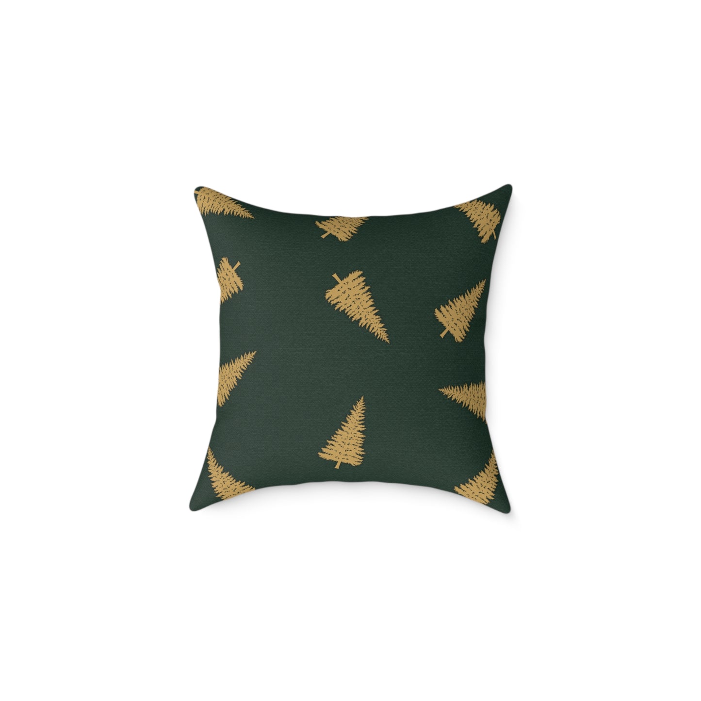 Emerald Gift Box Throw Pillow – Green & Gold Present with Pine Tree Pattern Back