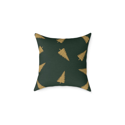 Emerald Gift Box Throw Pillow – Green & Gold Present with Pine Tree Pattern Back