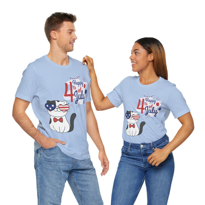 Patriotic Party Cat Tee – Happy 4th of July – Unisex Bella+Canvas Jersey Tee - 4th of July Tee