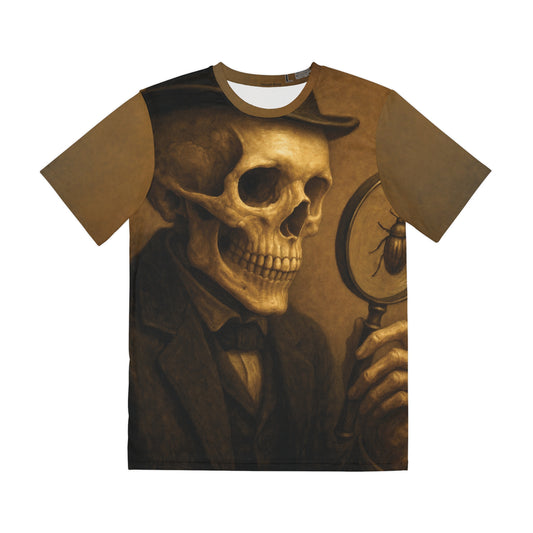 Skeleton Sleuth – Gothic AOP Unisex T-Shirt | Vintage Detective Skull Tee