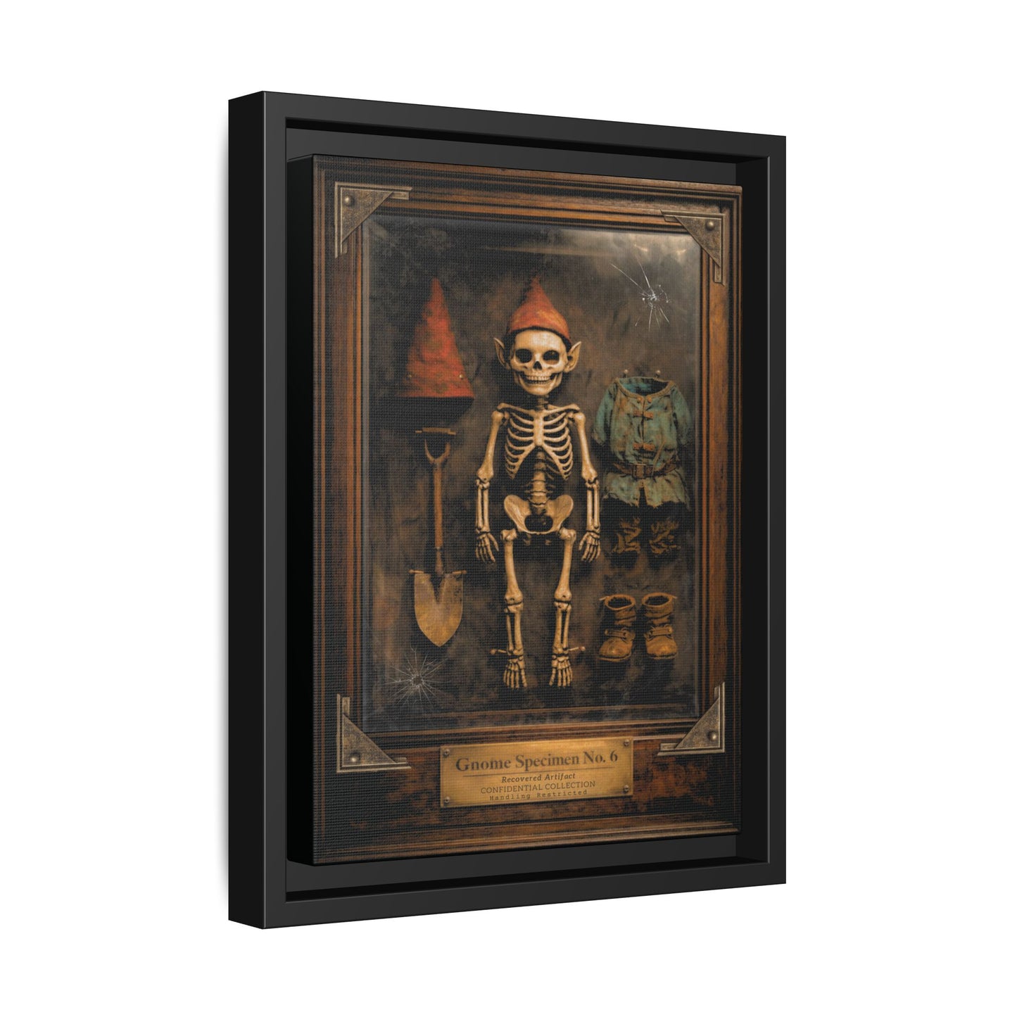 Gnome Specimen No. 6 Framed Canvas Print – Dark Curiosity Cabinet Wall Art, Gothic Skeleton Gnome Decor