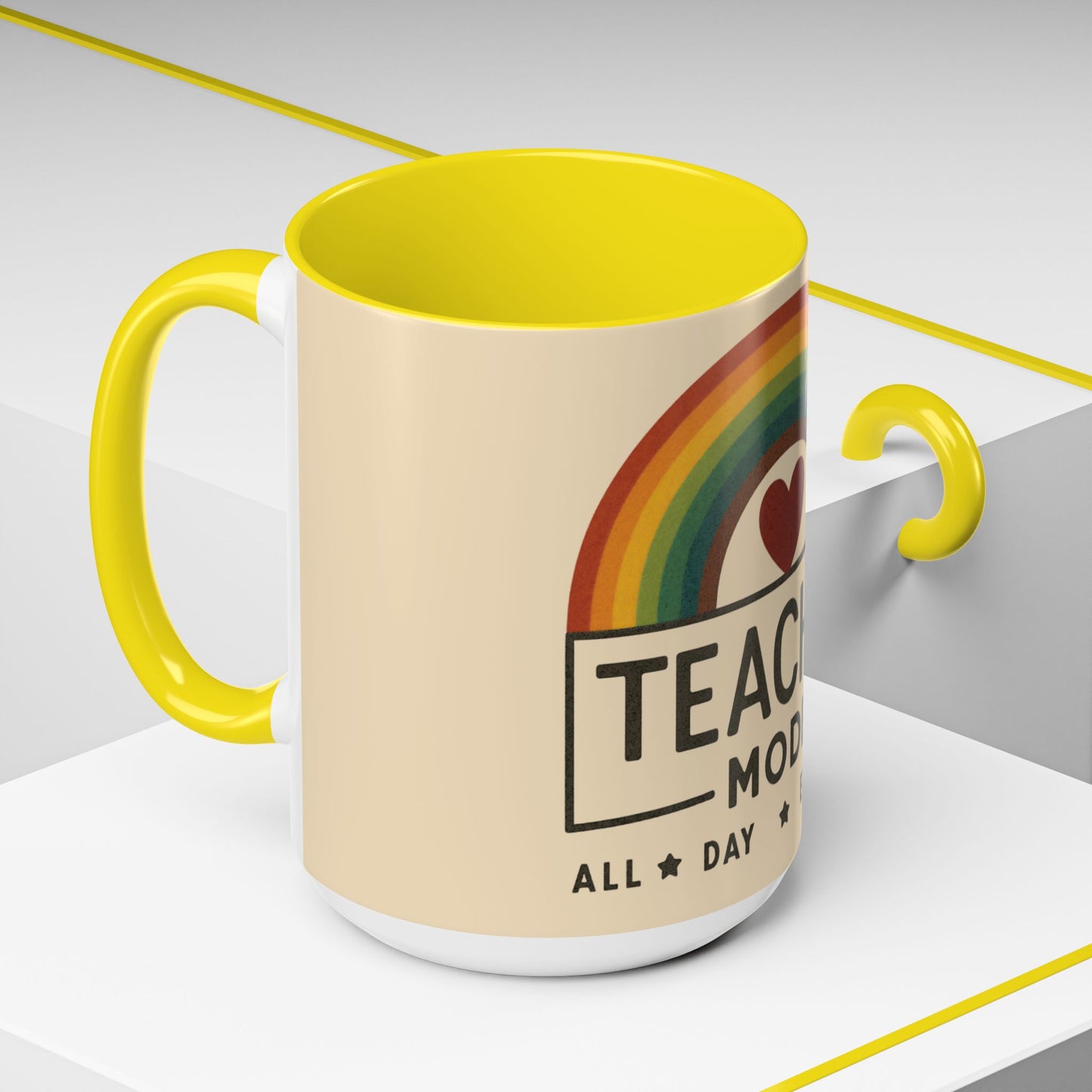 Teacher Mode – Color Accent Mug (11oz/15oz) • Rainbow Heart • Teacher Gift • Dishwasher & Microwave Safe