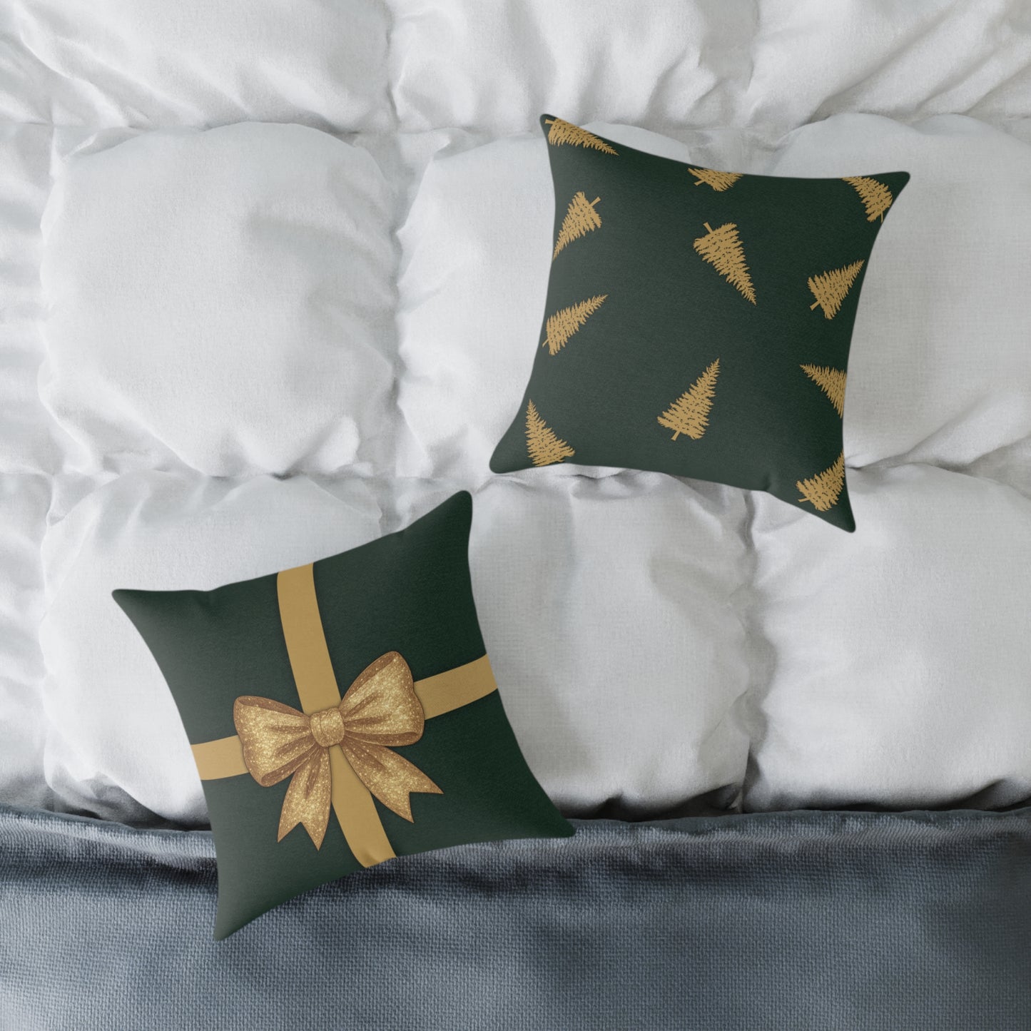 Emerald Gift Box Throw Pillow – Green & Gold Present with Pine Tree Pattern Back