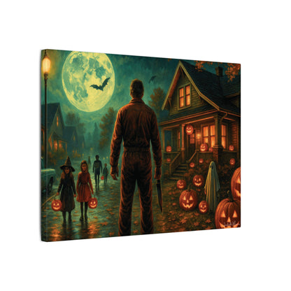 Halloween Neighborhood Scene Canvas Print – Retro Suburban Trick-or-Treat, Glowing Pumpkins & Full Moon Wall Art