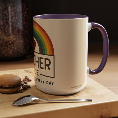 Teacher Mode – Color Accent Mug (11oz/15oz) • Rainbow Heart • Teacher Gift • Dishwasher & Microwave Safe
