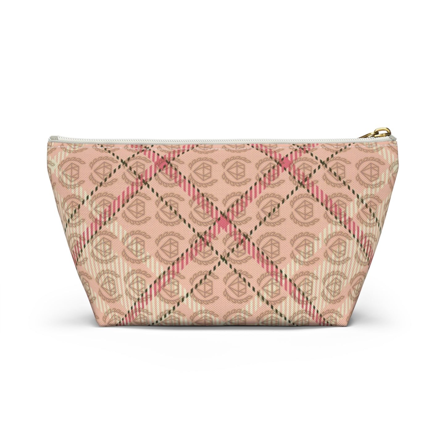 Elegant Plaid T-Bottom Accessory Pouch • Soft Pink Travel Bag with Boutique Monogram • Small or Large Sizes