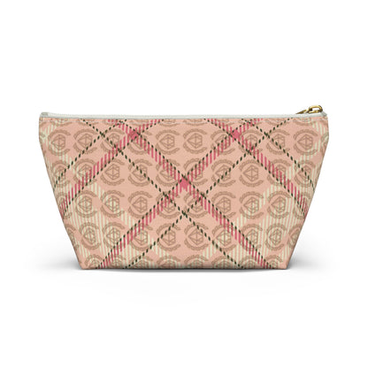 Elegant Plaid T-Bottom Accessory Pouch • Soft Pink Travel Bag with Boutique Monogram • Small or Large Sizes