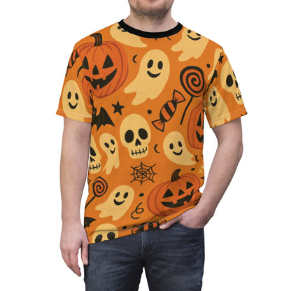 Trick or Treat All-Over Print Tee – Vintage Halloween Ghosts & Pumpkins