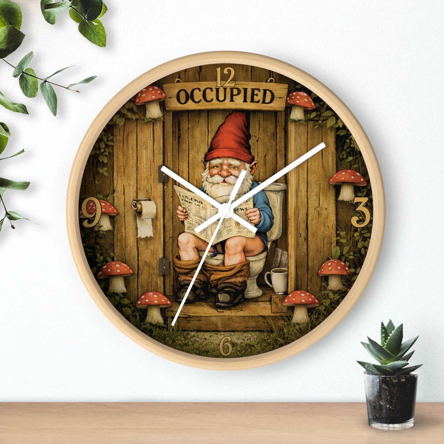 Funny Gnome Toilet Wall Clock – “Occupied” Bathroom Decor 10"