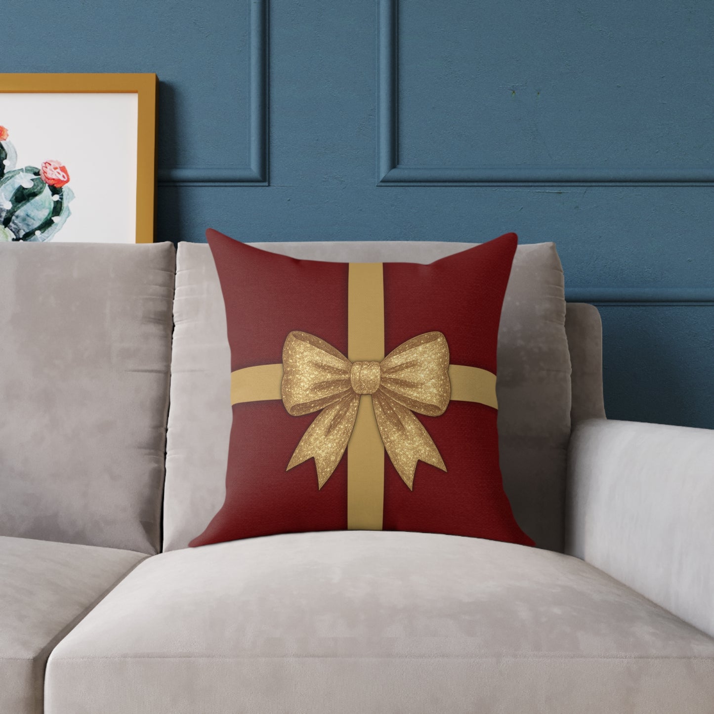 Red & Gold Gift Box Throw Pillow – Holiday Present Canvas Cushion with Holly Back