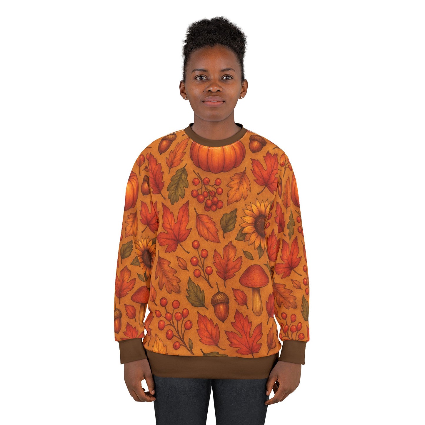 Autumn Harvest AOP Unisex Sweatshirt | Cozy Fall Leaves, Pumpkins & Sunflowers | All-Over Print | Free Worldwide Shipping