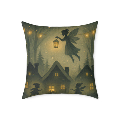Winter Night Fairies Throw Pillow – Lantern Village Scene Dual-Sided Canvas Cushion