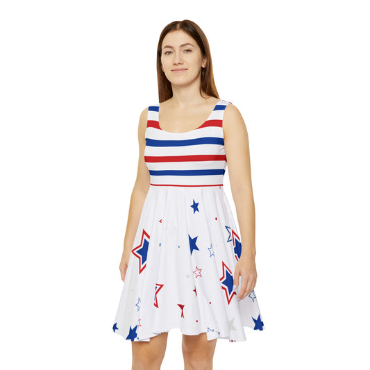 Patriotic Women's Skater Dress, Fourth of July Dress, Summer Casual Dress, Star Print Dress, Festive Outfit, Holiday Fashion