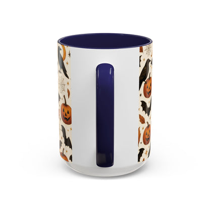 Halloween Raven & Pumpkin Color Accent Mug – Gothic Crow, Bats & Jack-o’-Lantern Coffee Cup (11oz & 15oz) – Spooky Autumn Drinkware