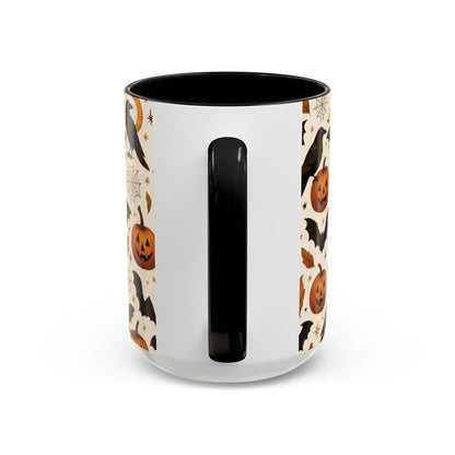 Halloween Raven & Pumpkin Color Accent Mug – Gothic Crow, Bats & Jack-o’-Lantern Coffee Cup (11oz & 15oz) – Spooky Autumn Drinkware