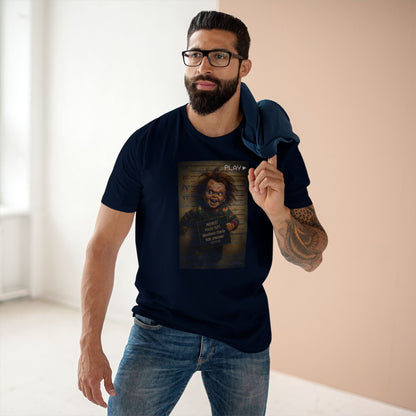 Creepy Killer Doll Mugshot T-Shirt – Halloween Horror Tee, Boutique DTG Print, Premium Cotton Tee, 90s VHS Aesthetic
