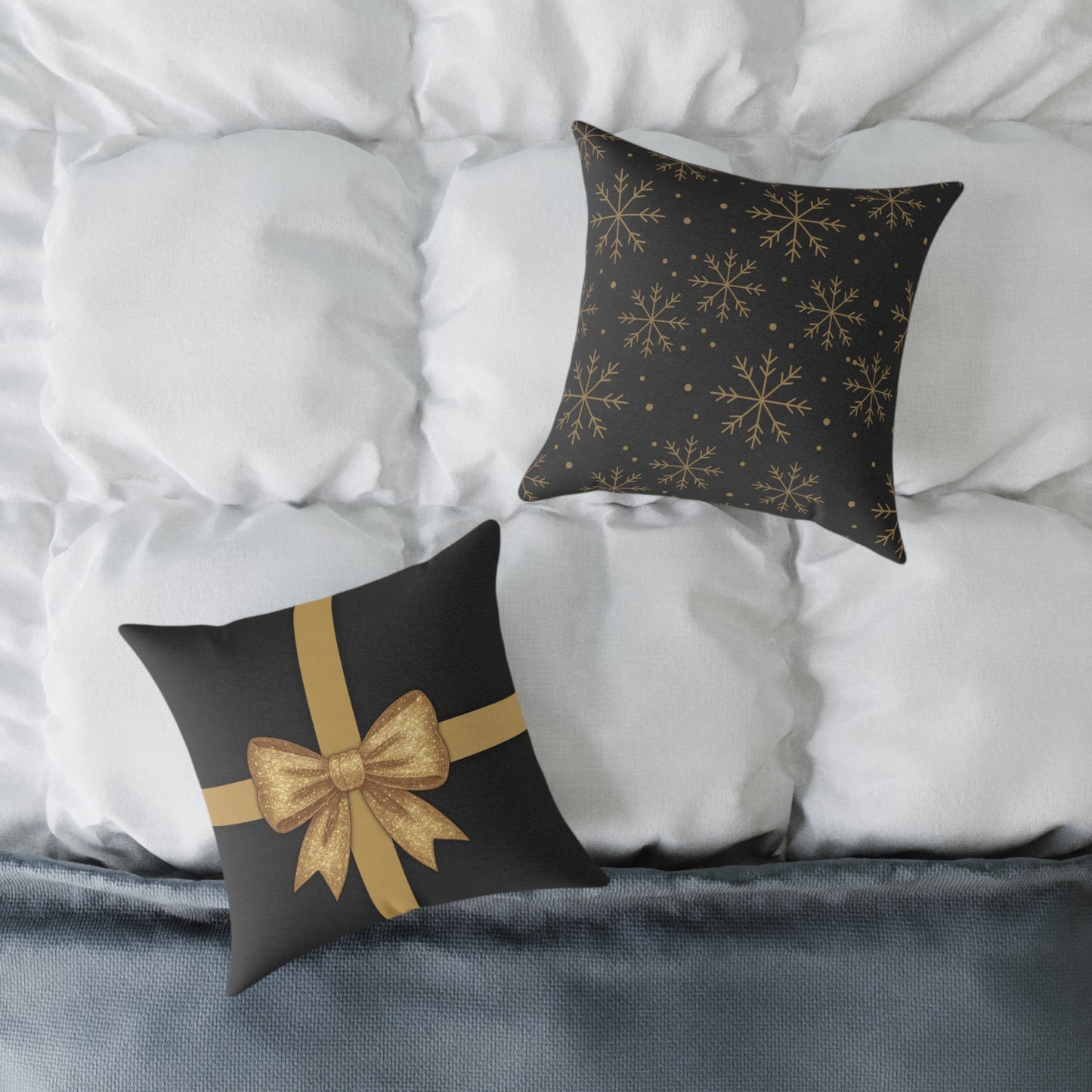 Black & Gold Gift Box Throw Pillow – Charcoal Present & Snowflake Canvas Cushion