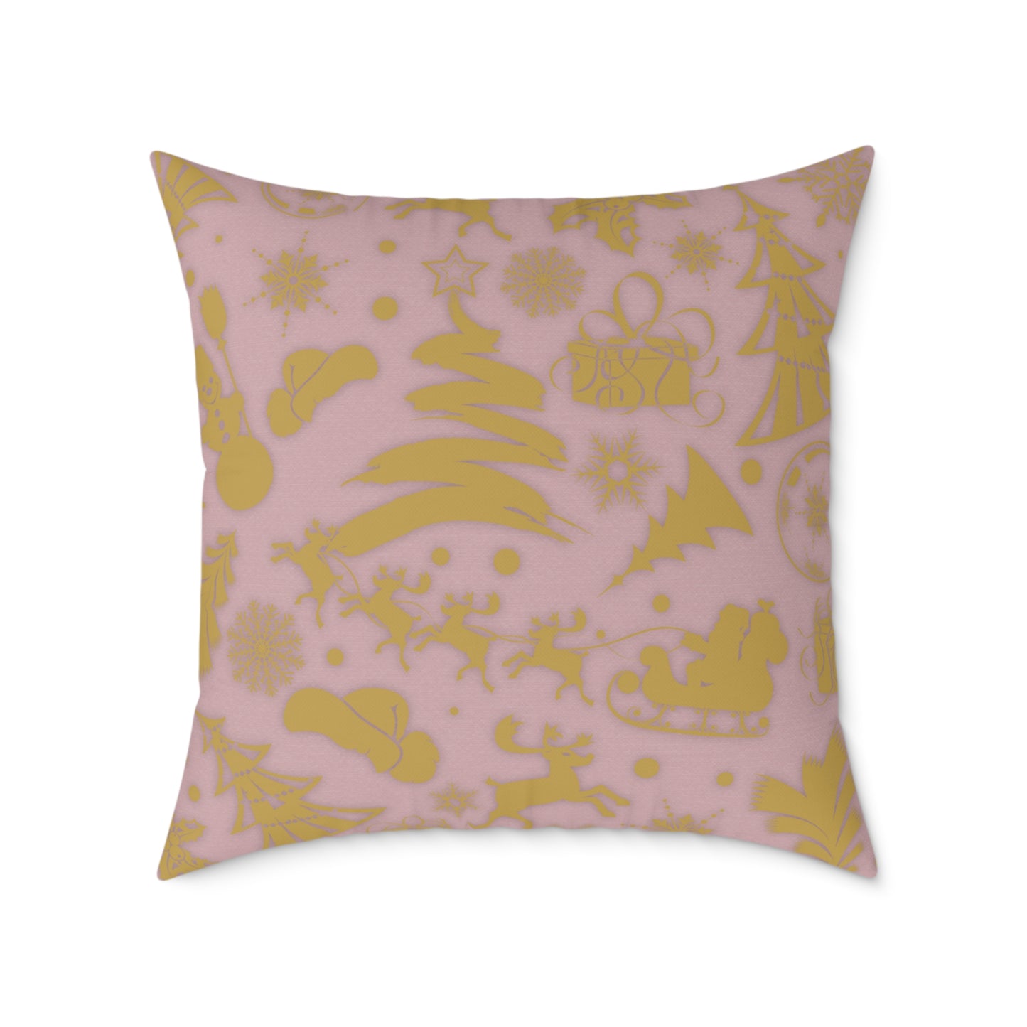 Blush Pink & Gold Gift Box Throw Pillow – Holiday Icon Pattern Canvas Cushion