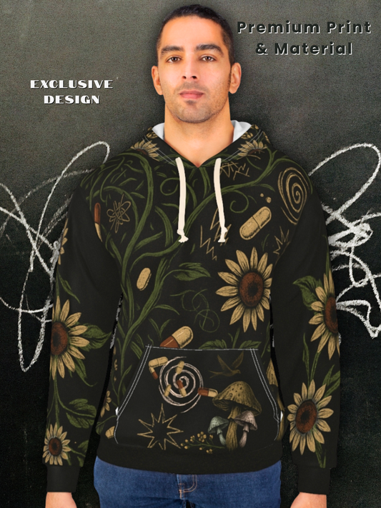 Dark, Hippie Floral AOP Unisex Pullover Hoodie – ADHD Aesthetic, Moody Boho Streetwear, Mental Health Awareness
