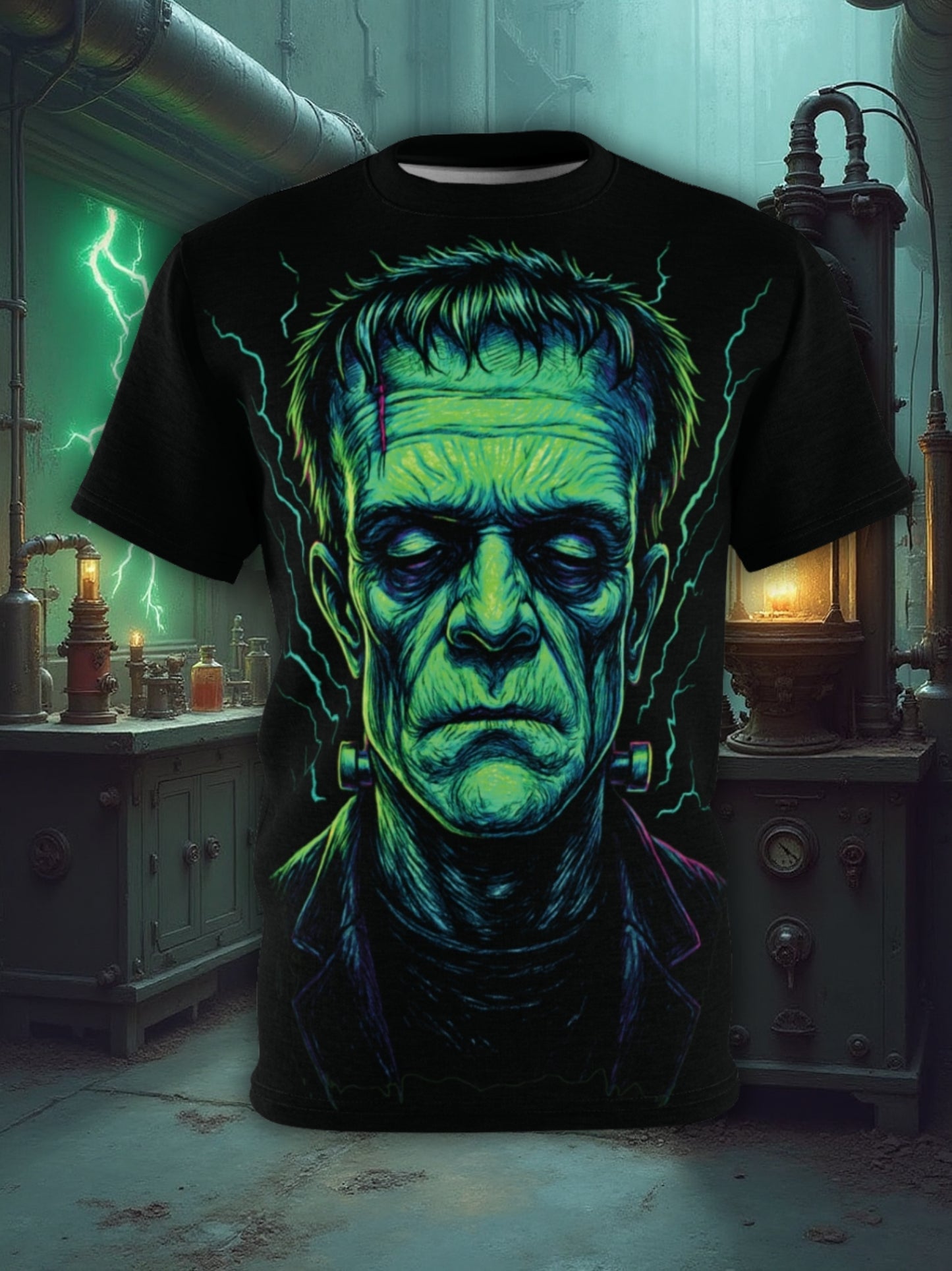 Frankensteins monster AOP Halloween T-shirt – Elektrisk neongrön extra stor tryckt t-shirt (heltryck)