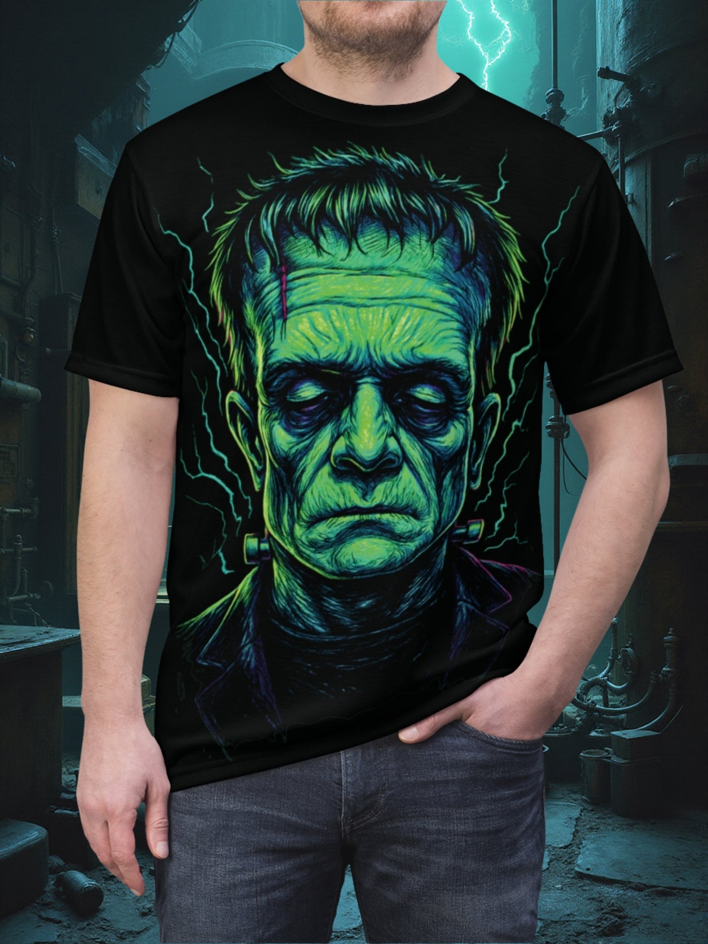Frankensteins monster AOP Halloween T-shirt – Elektrisk neongrön extra stor tryckt t-shirt (heltryck)