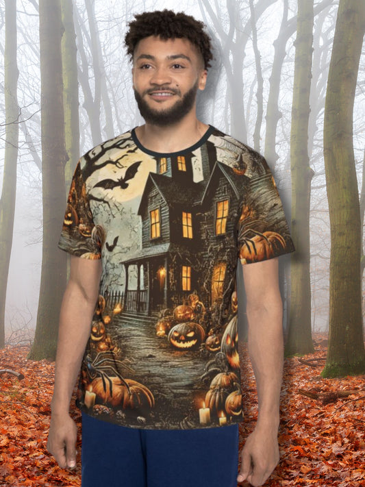 Unisex all-over-print Halloween t-shirt featuring a gothic haunted house design with glowing pumpkins, bats, and eerie forest details. Boutique horror fashion with spooky seasonal vibes.