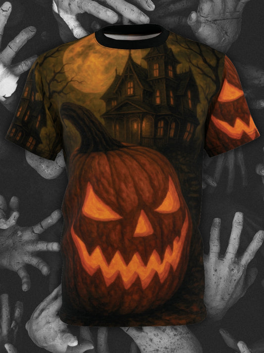 All-over-print Halloween t-shirt featuring a glowing jack-o’-lantern and haunted house design on a dark background with eerie ghostly handprints. Gothic unisex horror fashion with spooky seasonal style.