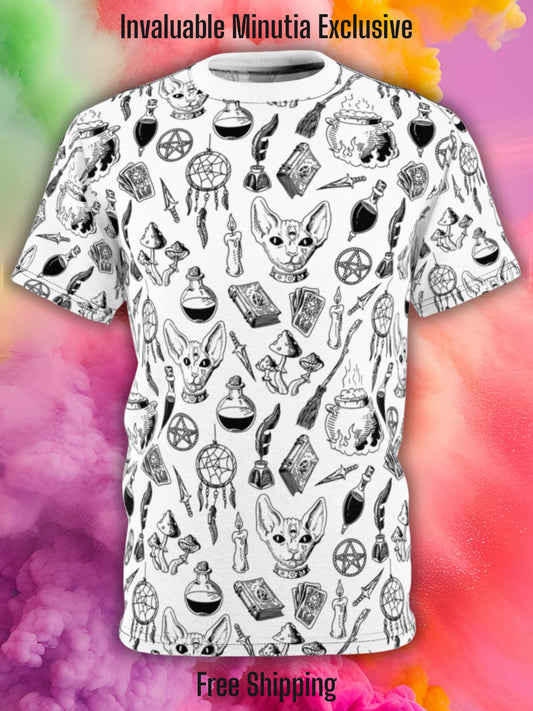 Unisex cut and sew t-shirt featuring black and white occult pattern with cats, pentagrams, candles, and potion bottles. Displayed on a colorful tie-dye style background with Invaluable Minutia Exclusive and Free Shipping text.
